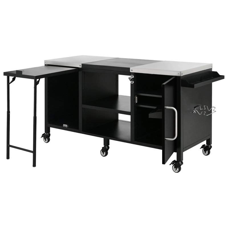 Outdoor Grill Cart with Fold-Out Prep Table, Adjustable Shelves, Spice Rack