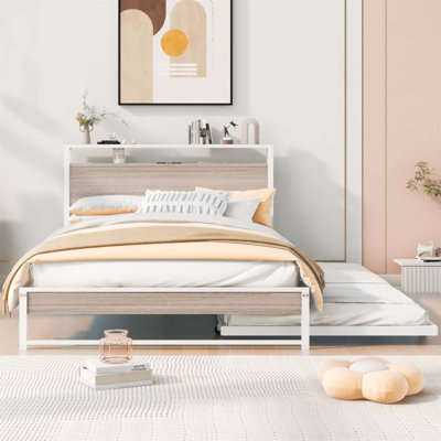 Structure de lit plateforme pleine grandeur en métal avec lit gigogne, ports USB et support à lattes, aucun sommier nécessaire, style rustique moderne