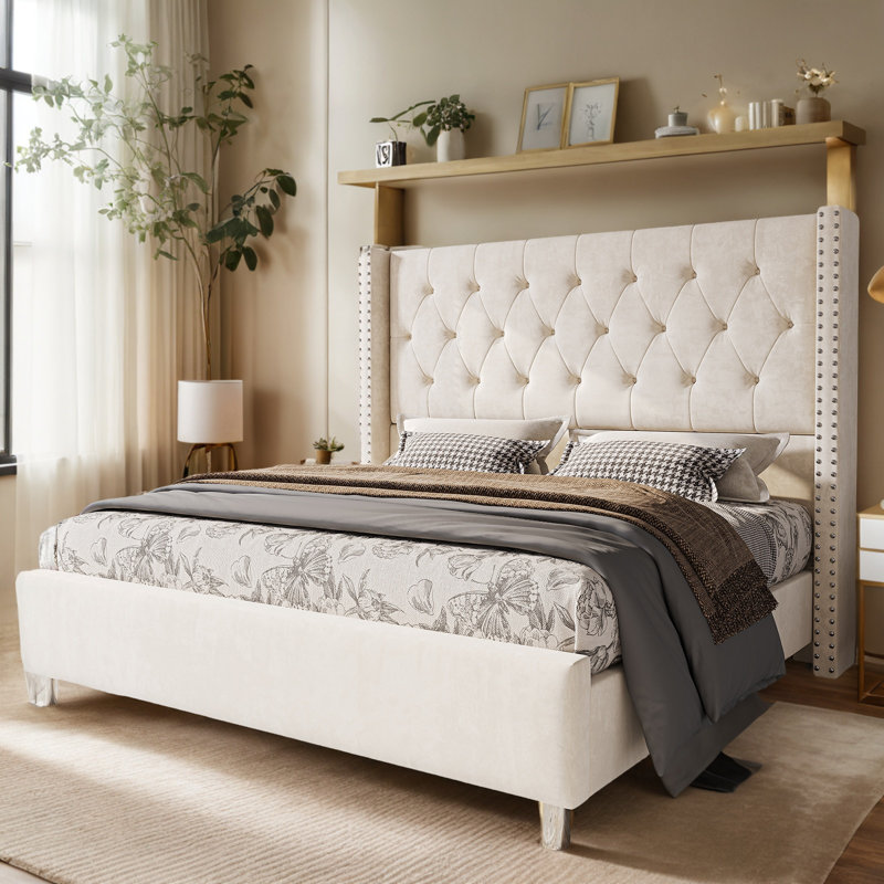 Ariste Upholstered Wingback Bed, King, Cream