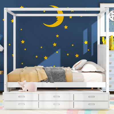 Thomaston Queen Size Canopy Platform Bed with Twin Size Trundle and 3 Storage Drawers
