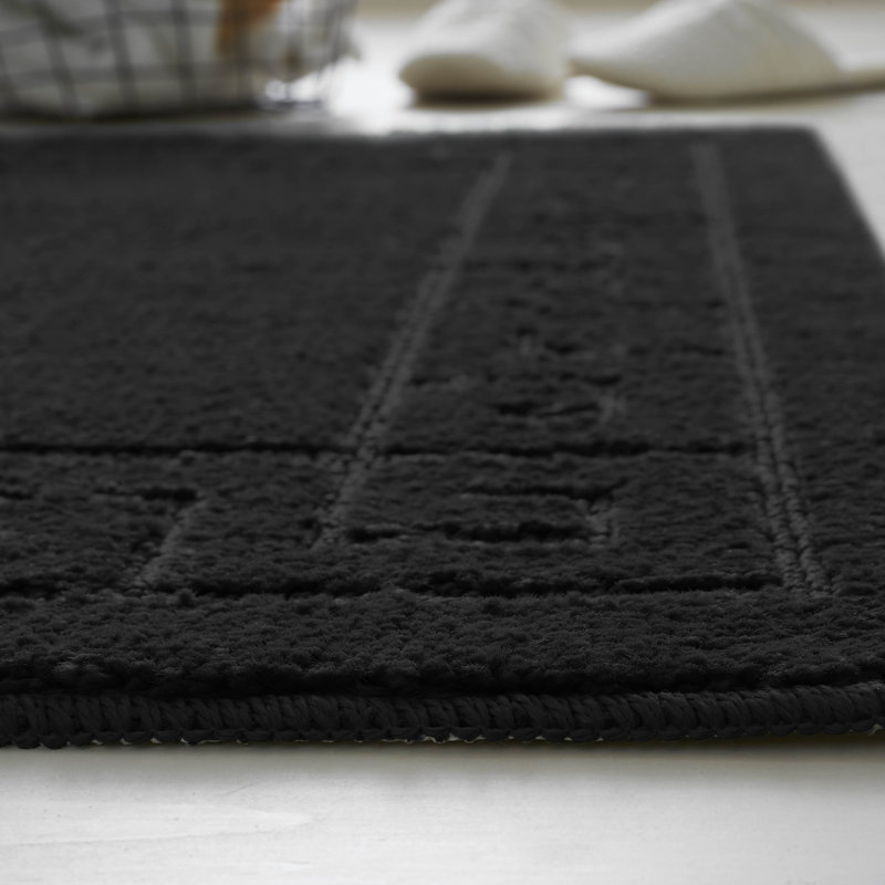 2 Piece Bathroom Rug Set Greek Key Pattern Bath Mat & Pedestal Mat Non Slip Rubber Back Soft Absorbent Mats, Black
