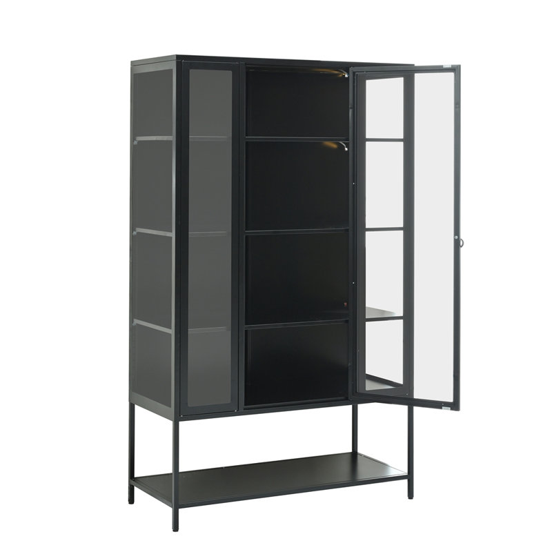 67.25" Tall Iron Display Cabinet With Glass Door And LED Lights Steel, Black