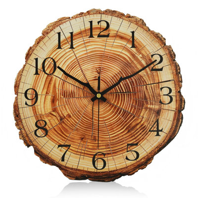 Horloge murale 12 pouces en bois brun rustique pour le salon de cuisine | Anneau annuel, conception de souche d'arbre, à piles, silencieux, cadran épaissi durable, décor de maison de campagne rétro