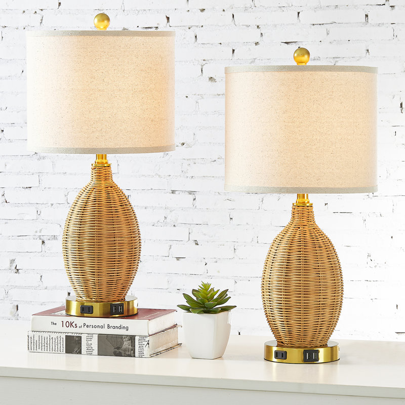 Ensemble de lampes de table en bambou 22,8 po Allice avec deux ports USB et prises intégrées