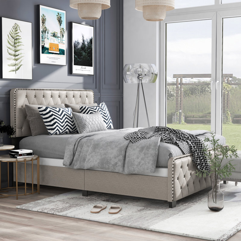  Ferris Tufted Upholstered Low Profile Standard Bed, King, Beige