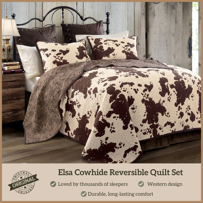 Elsa Cowhide Cotton Cow Print Western Rustic Farmhouse Quilt Set, King Quilt + 2 King Shams, Brown