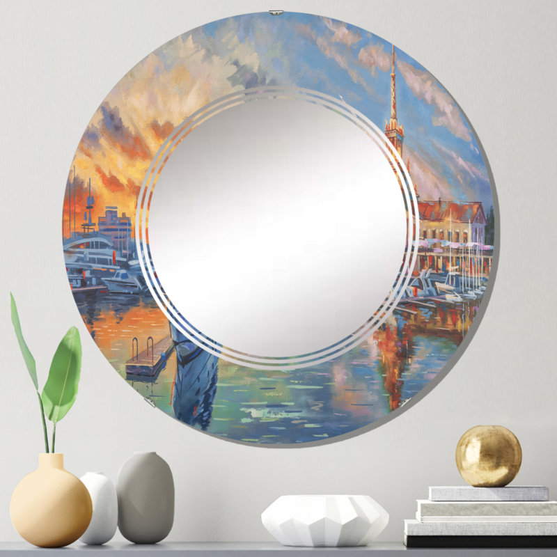 Evening In The Seaport - Miroir mural nautique et côtier rond, 24 po x 24 po