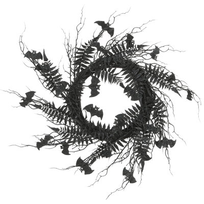 24" Halloween Black Fern and Bats Wreath