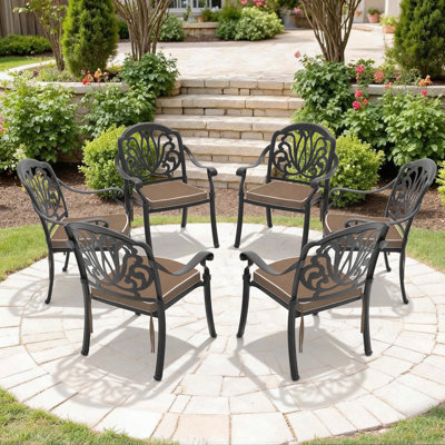 Set of 6 Cast Aluminum Patio Dining Chairs with Black Frame and Brown Cushions