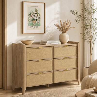 Commode 6 tiroirs en rotin pour chambre à coucher, commode large moderne l 47,2 po, rangement en bois pour les vêtements, le vestibule, le couloir, la chambre de bébé ou le salon, chêne