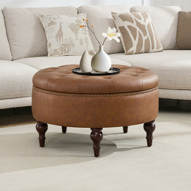 Ellersick Versatile Round Water-Resistant Linen Upholstered Storage Ottoman, Dark Brown