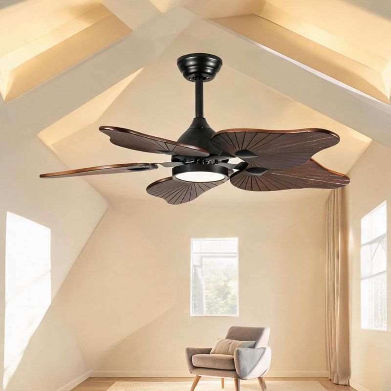 Ventilateur de plafond de 44 pouces avec lumière, 5 pales en bois massif, moteur à courant continu, application et télécommande, DEL à spectre complet à intensité variable, flux d'air réversible, pour chambre à coucher de salon de 15 x 15 pi, fonctionne sur des plafonds inclinés (moins de 15 °)