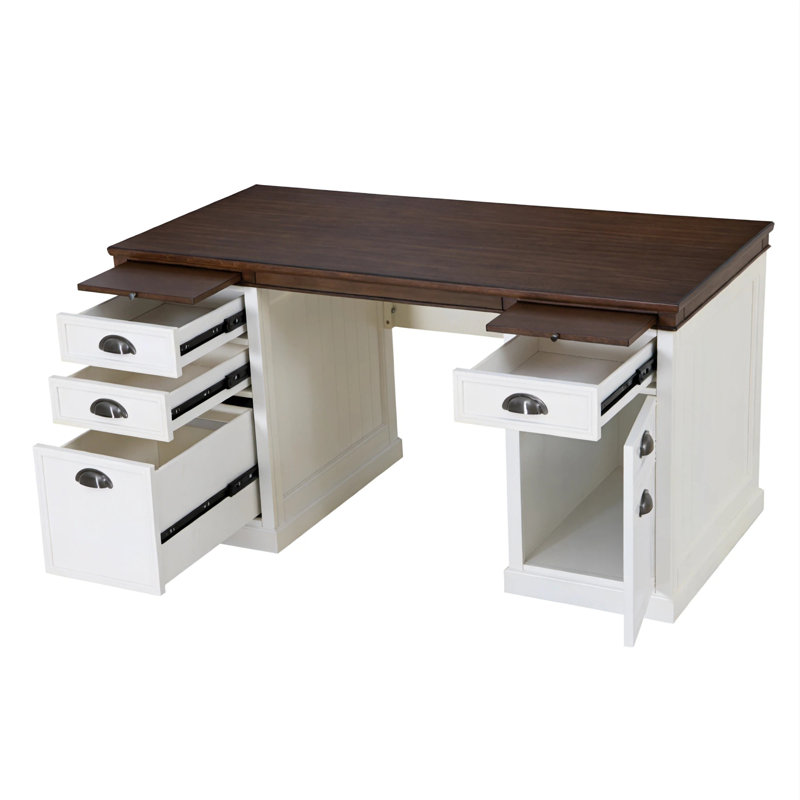 Sunjoy 58’’ Richland Double Pedestal Desk, Home Office Computer Desk Work Station with Charging Station, Four Drawers, and One Cabinet
