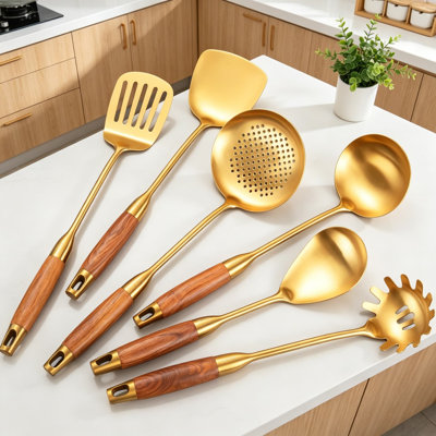 Professional 6-Piece Stainless Steel Kitchen Utensil Set With Wooden Handle - Includes Spatula, Ladle, Skimmer, Slotted Turner, Spaghetti Spoon, And Large Spoon For Cooking And Serving