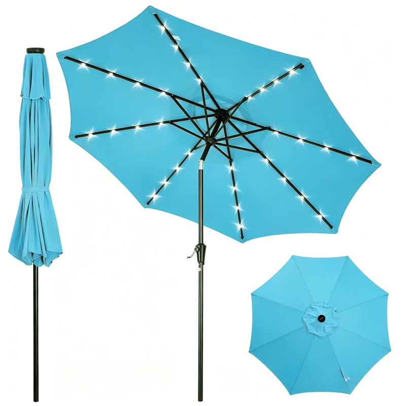 Parasol de patio avec 32 lumières DEL solaires, inclinable et manivelle pour jardin, terrasse, cour et piscine, Sarcelle