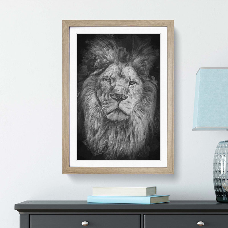 The Proud Lion in Abstract - Picture Frame Graphic Art Print, 65cm H x 48cm W x 2cm D, Oak Framed