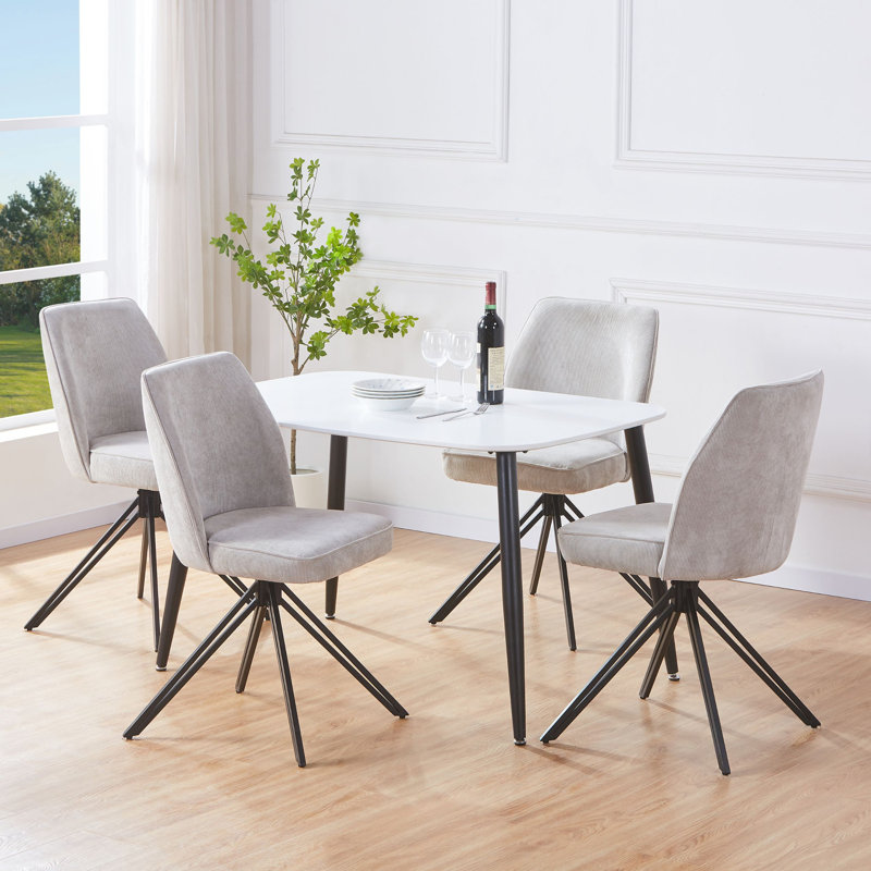 Aspen Rectangular Dining Table with 4 Swivel Upholstered Fabric Chairs - Modern Dining Set, White, Green
