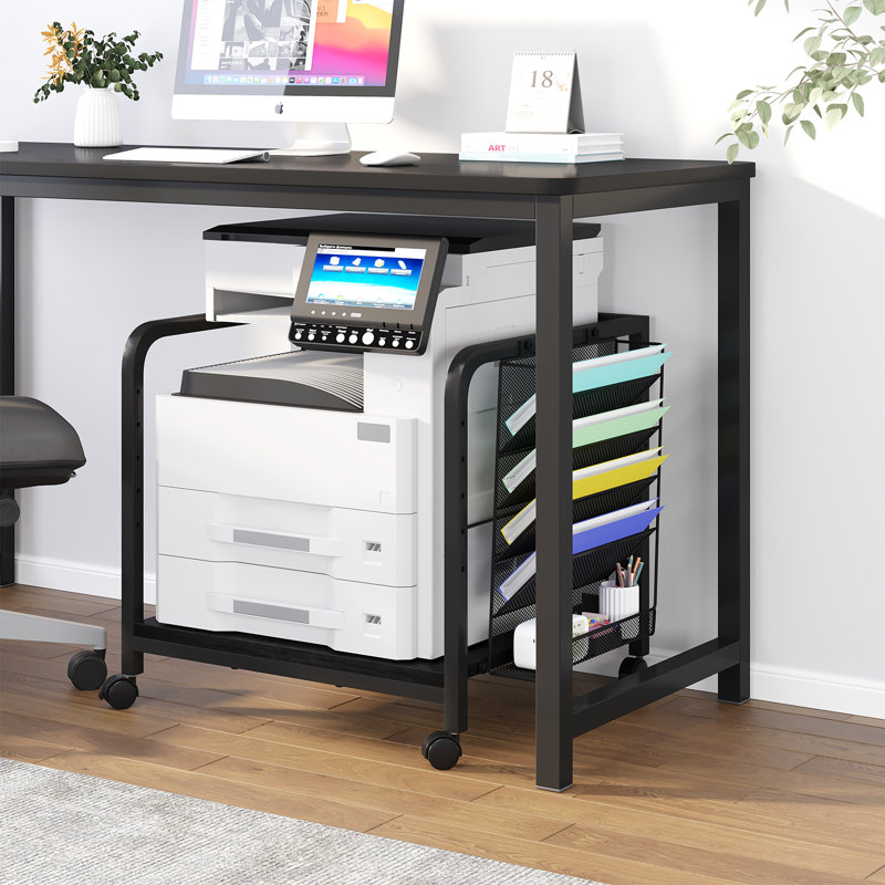 Printer Stand With File Holder Organizer, Printer Cart With Adjustable Height Shelf And Wheels, Black