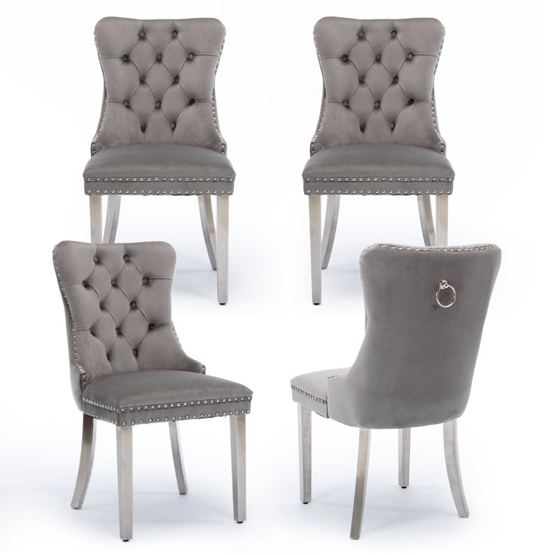 Velvet Fabric Upholstered Dining Chairs Set of 4 with Sliver Legs,Gray, Gray, Silver