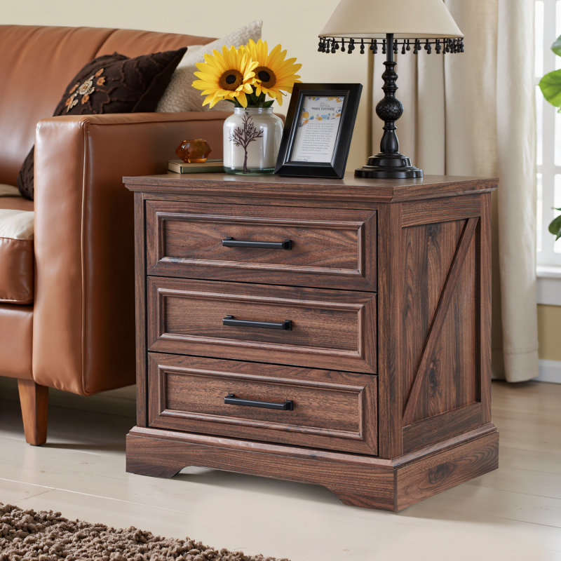 Farmhouse 22'' Wide  Nightstand With Charging Station, Rustic Wood End Table With 3 Large Drawers & Bar Handles, Brown