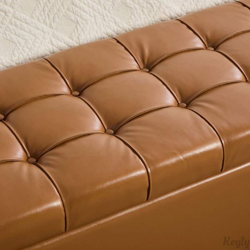 Banc de rangement touffeté en polyuréthane avec couvercle rabattable et charnières à fermeture en douceur, Brun, Brun