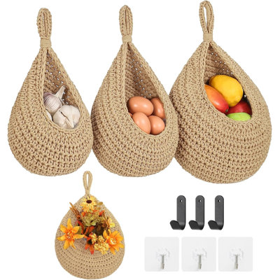 Boho 3 paniers à fruits suspendus pour la cuisine, ensemble de 3 paniers à fruits tissés avec crochets robustes, panier à légumes pour organiser le rangement mural de la pomme de terre en oignon, lin