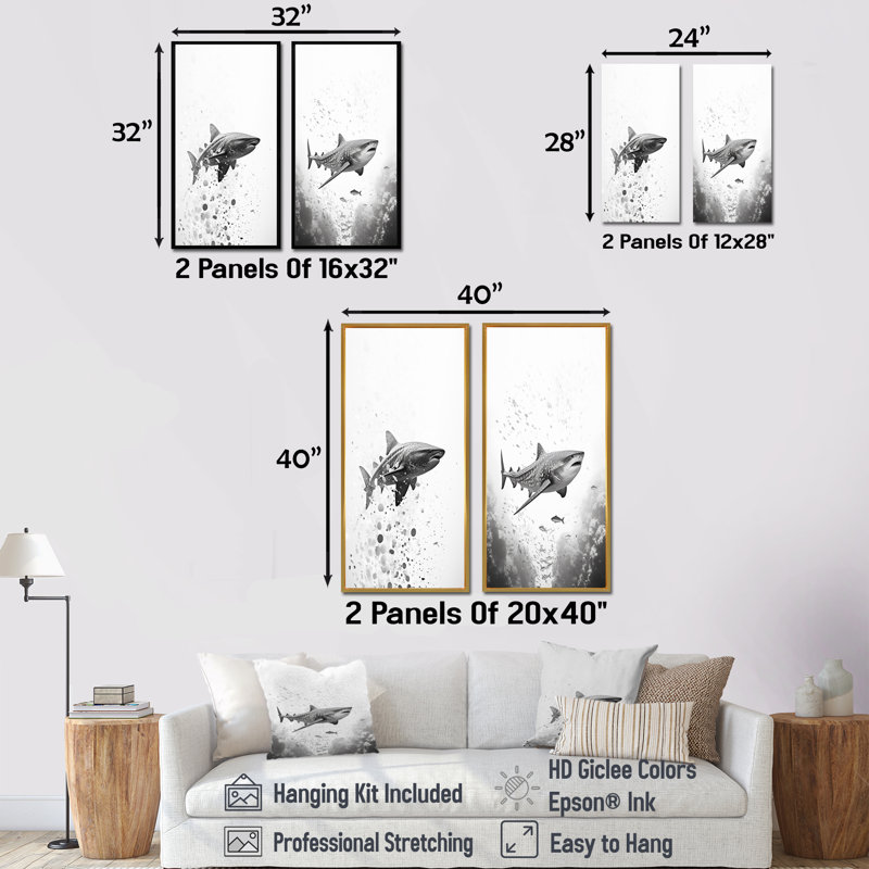 Danse du requin gris monochrome - ensemble de 2 décorations murales de requin, Cadre flottant brun, H 28 po x l 25 po