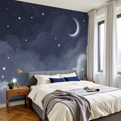 Papier peint adhésif Boho Crescent Moon Starry Night Sky Soft Clouds Calm Blue Tones, peintures murales H 100 po x l 144 po, papier peint amovible en PVC, adhésif pour chambre d'enfant, chambre d'enfant, salon