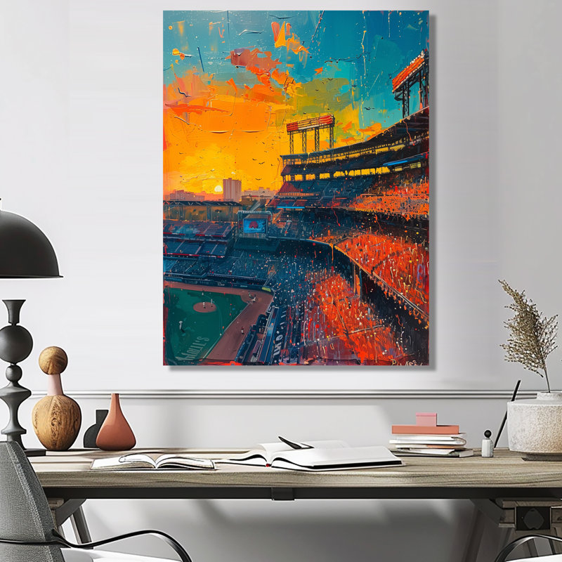 Coucher de soleil sur le stade de baseball I - Stades, art mural, Toile avec cadre flottant or, H 12 po x l 20 po x P 1 po