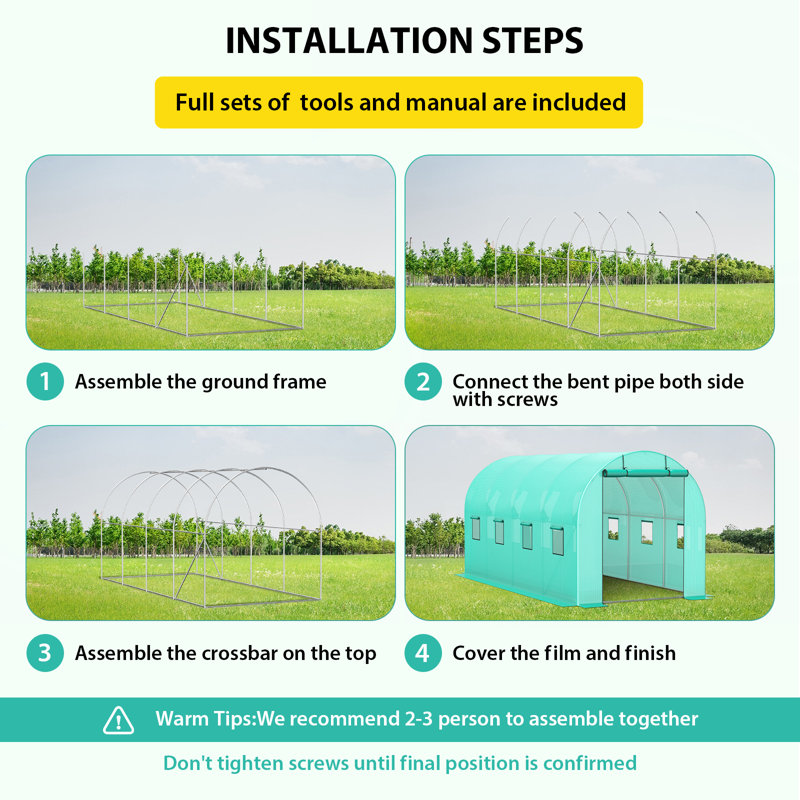 7×15×7FT Outdoor Walk-in Greenhouse, Galvanized Steel Frame, Insulated PE Cover, 1 Door & 8 Windows, with Installation Tools for Plants & Vegetables