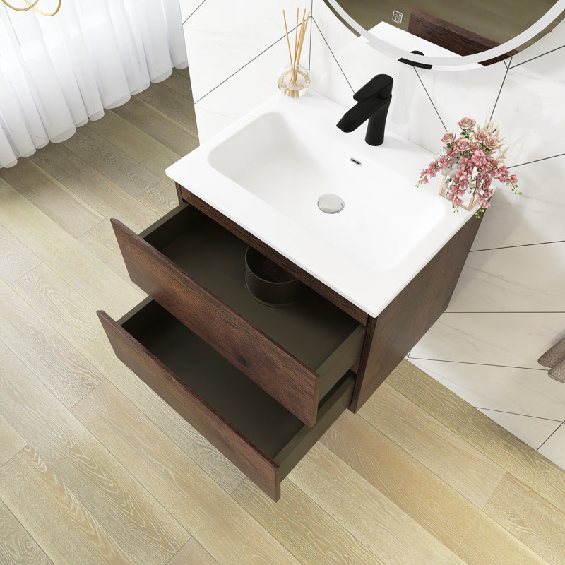 Meuble-lavabo mural 24 po avec comptoir en céramique blanche, Noyer