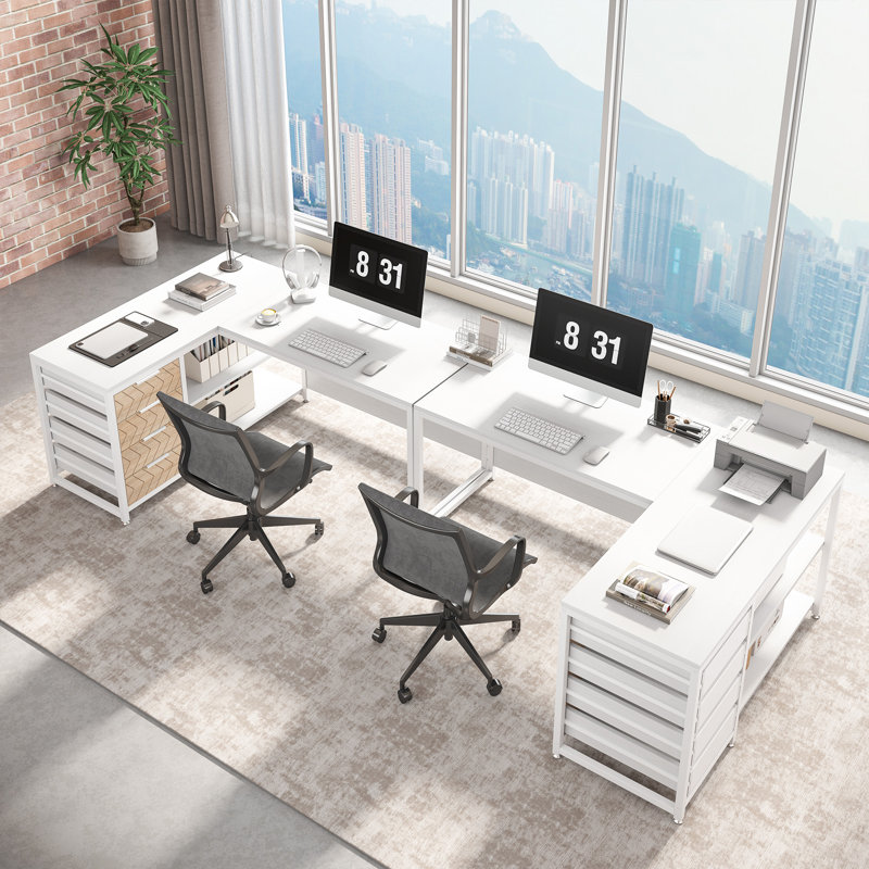 L-Shaped Computer Desk, White/Beige