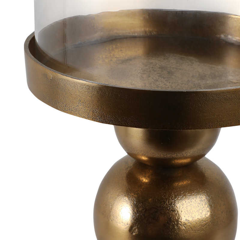 Modern Metal and Glass Pillar Candle Holder with Decorative Iron Base, 32" H x 10" W x 10" D