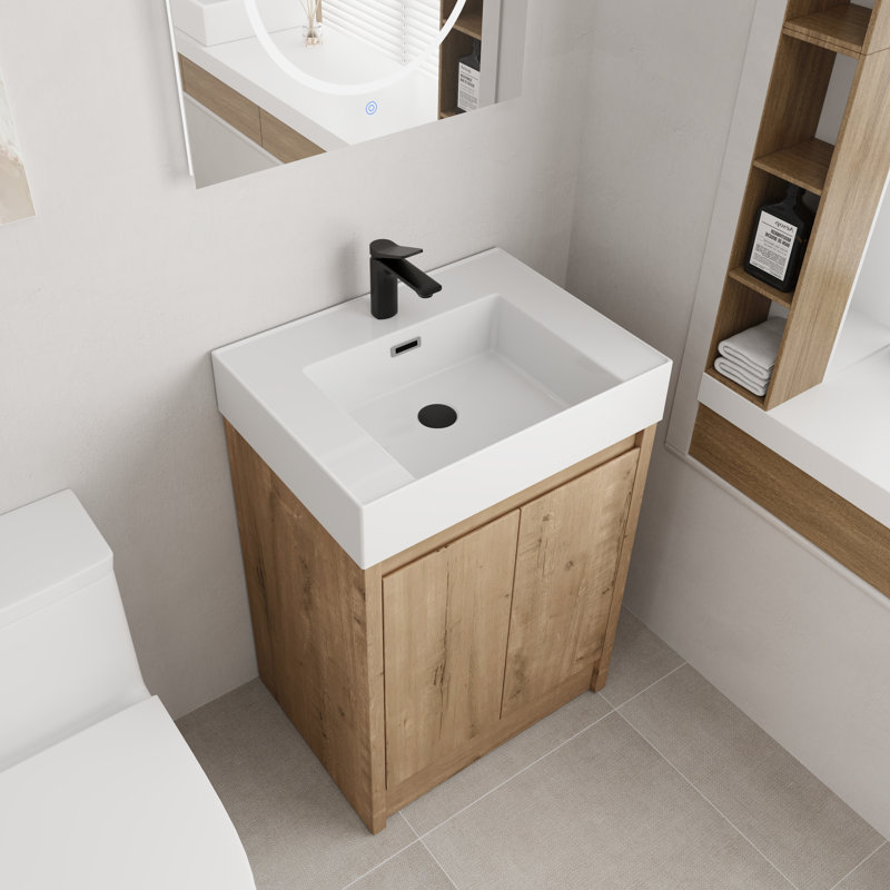 Meuble-lavabo autoportant simple 24 po avec plateau en résine et tablette Khamille, Blanc lustré