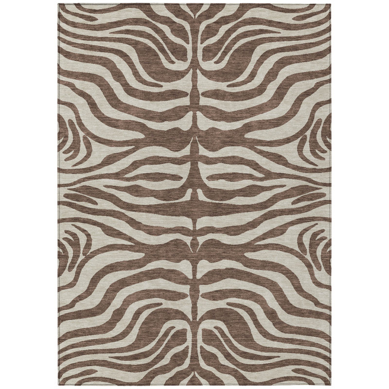 Brown and Beige Zebra Print Washable Synthetic Area Rug