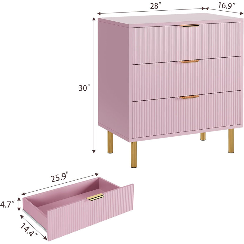 Pink 3-Drawer Dresser, Modern Wood Chest with Gold Handles, Large Storage for Bedroom, Living Room, Entryway
