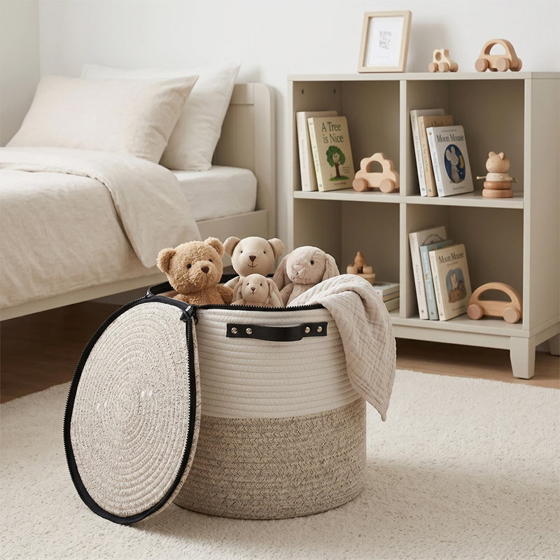 Panier à linge 14 po en corde de coton avec couvercle - Panier de rangement rond tissé de 58 L avec poignées pour vêtements, couvertures et jouets, panier de rangement moderne anti-poussière