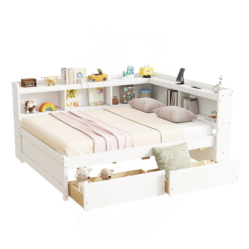 Full Size L-Shaped Bookcases Bed With Power Outlets, USB Charging Ports,Two Drawers,Whtie, Full/Double, White
