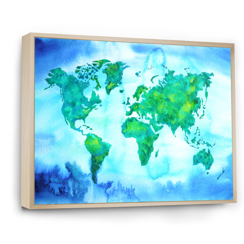 «World Map Blue Green Tone III», reproduction sur toile flottante, H 8 po x l 12 po x P 1 po, Cadre naturel flottant