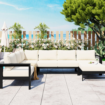 Patio en forme de U de 5 à 6 sièges, coussins épais de 5,9 po, structure en fer robuste résistant aux intempéries longue de 114,17 po pour les conversations extérieures au bord de la piscine avec siège de 5,9 po et espaces de jardin