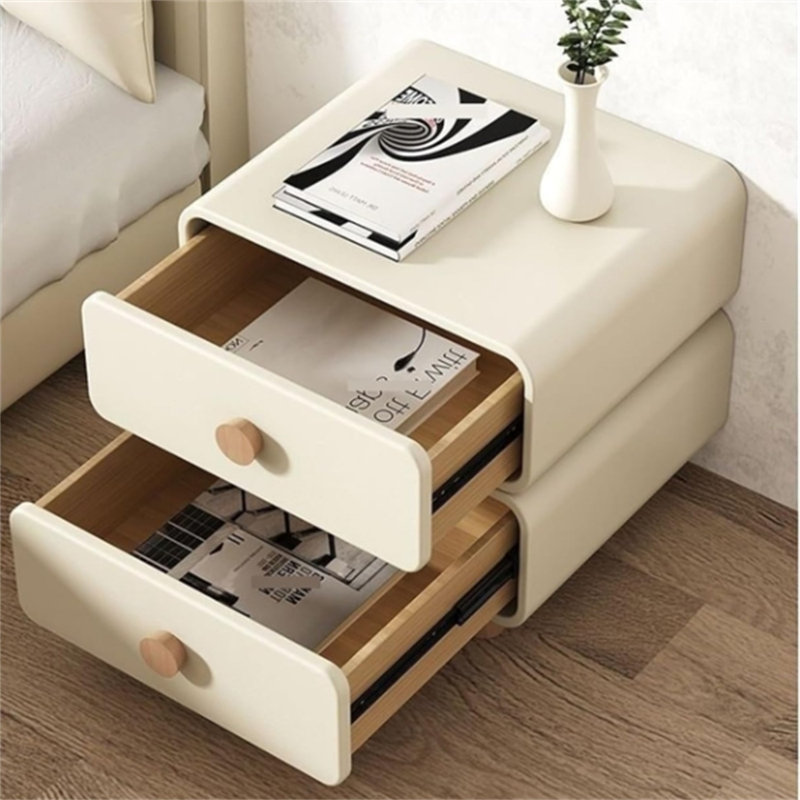 Cream-Style Solid Wood Double-Drawer Nightstand, Modern Minimalist Bedroom Storage Side Cabinet with Rounded Corners and Wooden Legs