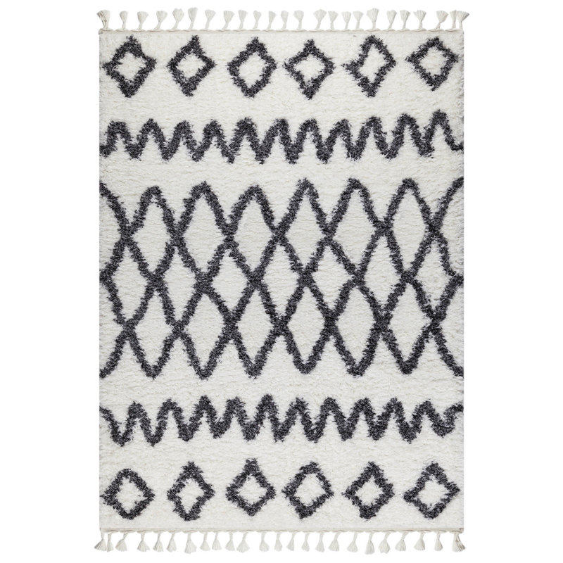 Tapis géométrique rectangulaire en polyester tissé à la machine blanc / noir Noriega, Rectangle 5 pi 3 po x 7 pi 7 po
