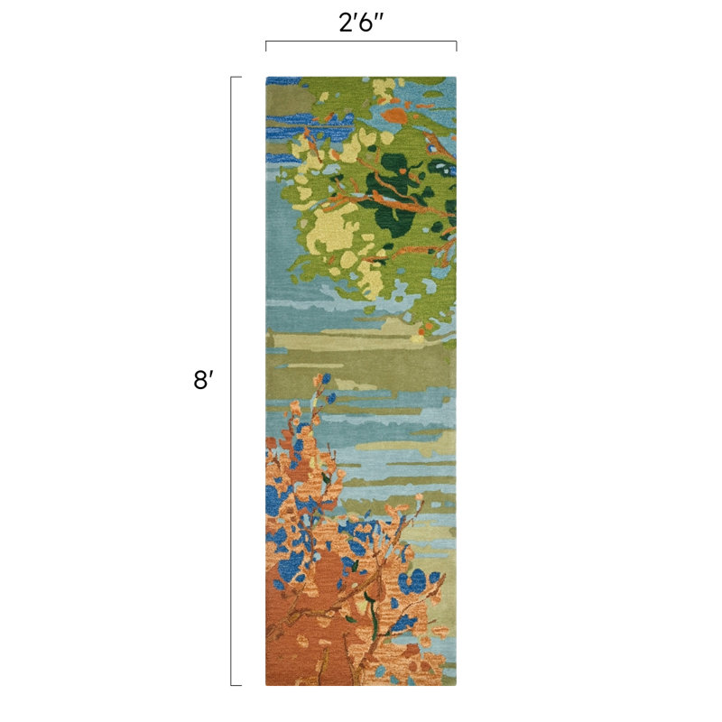 Landscape Floral Handmade Tufted Wool Teal/Yellow/Blue Area Rug, Runner 2'6" x 8'
