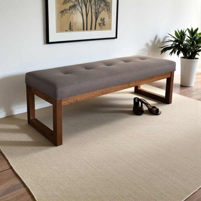 Banc rembourré en tissu gris avec bois fini noyer Crivello, H 17,32 po x l 52,17 po x P 18,9 po, Gris