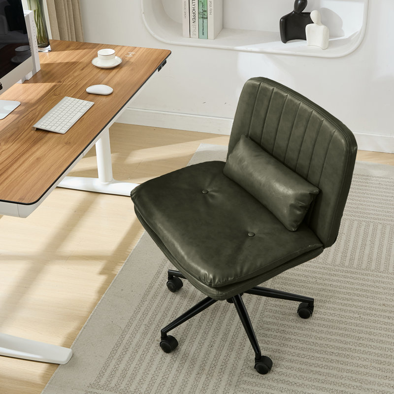 Criss Cross Legged Chair With Wheels, Comfy Rolling Office Desk Armless Chair With Pillows, Wide Swivel Vanity Chairs Computer Task Chair For Makeup, Bedroom