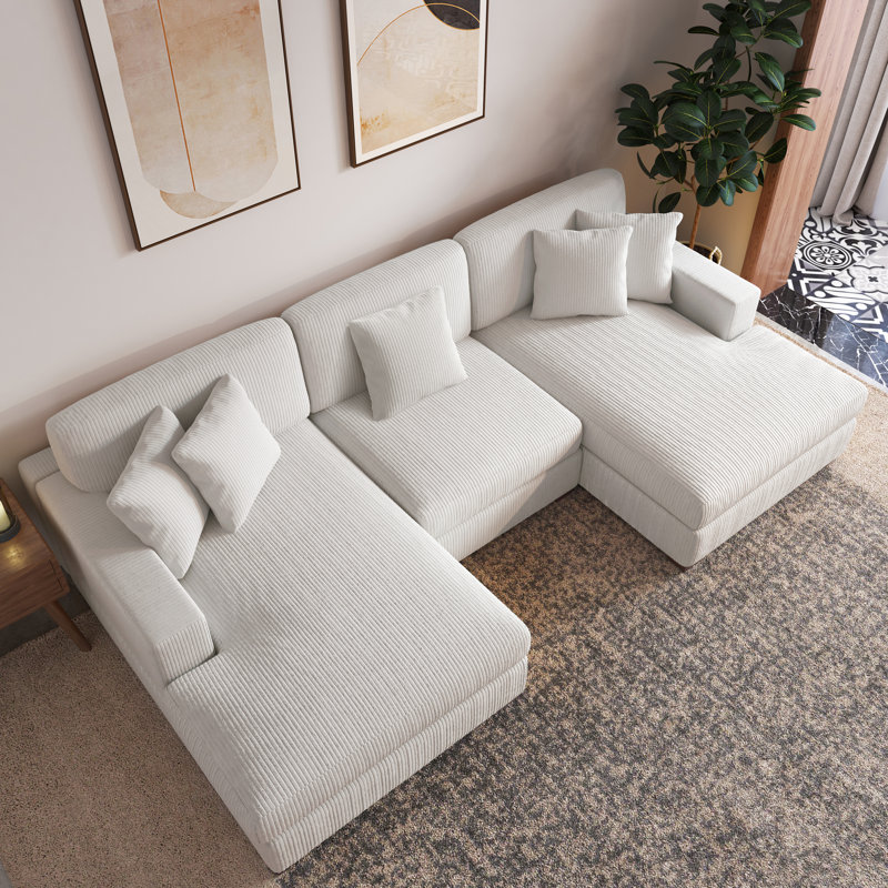 Milbrey 3 - Piece Upholstered Beige Corduroy Modular Sectional Sofa with Pillow Back and Solid Wood Legs, Beige Corduroy 
