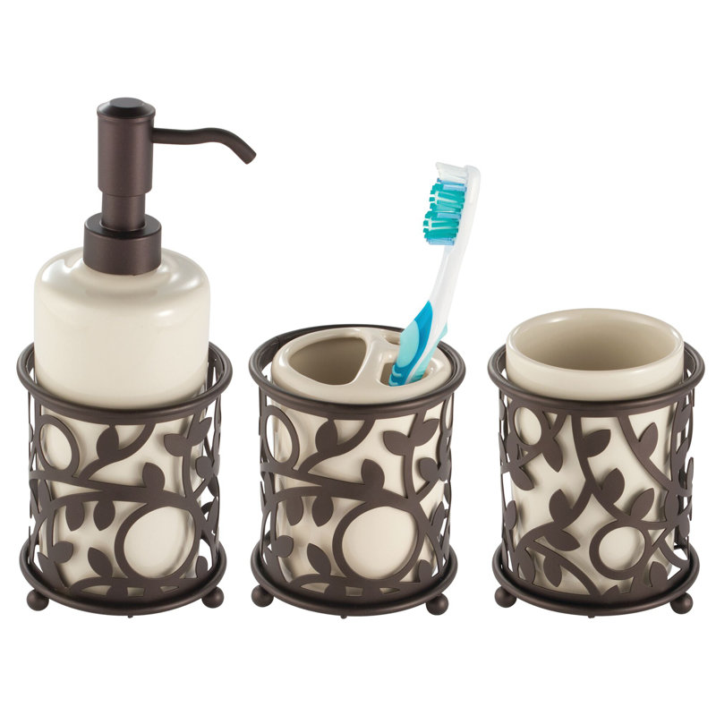 Vanilla and Bronze Ceramic Soap Dispenser with Vine Design