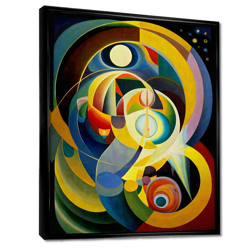 Origine du monde, couleurs rétro - art mural géométrique, Toile avec cadre flottant noir, H 44 po x l 34 po x P 1,5 po