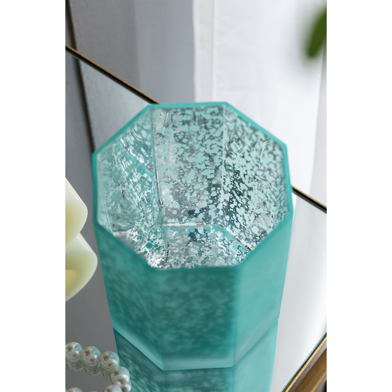 Porte-bougie octogonal en verre au mercure givré turquoise, Turquoise