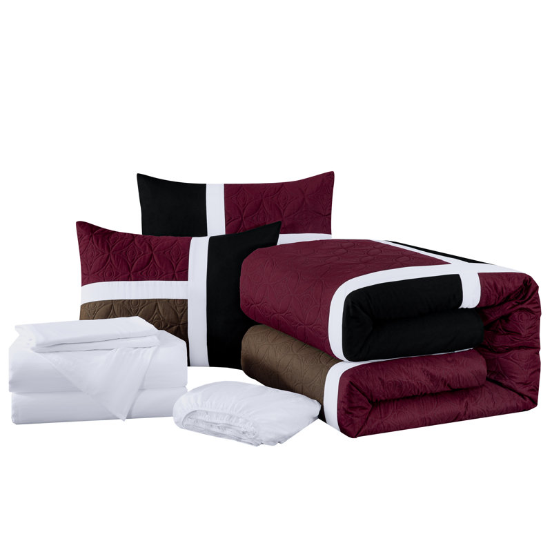 7-Piece Patchwork Bed in a Bag Comforter Set with Sheets, Full Comforter + 6 Additional Pieces, Burgundy/Black/Brown